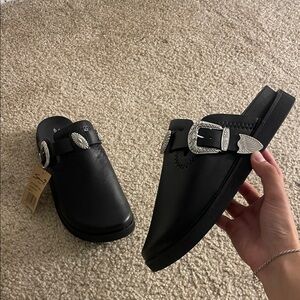 Seven7 Black Mules with Silver Buckles